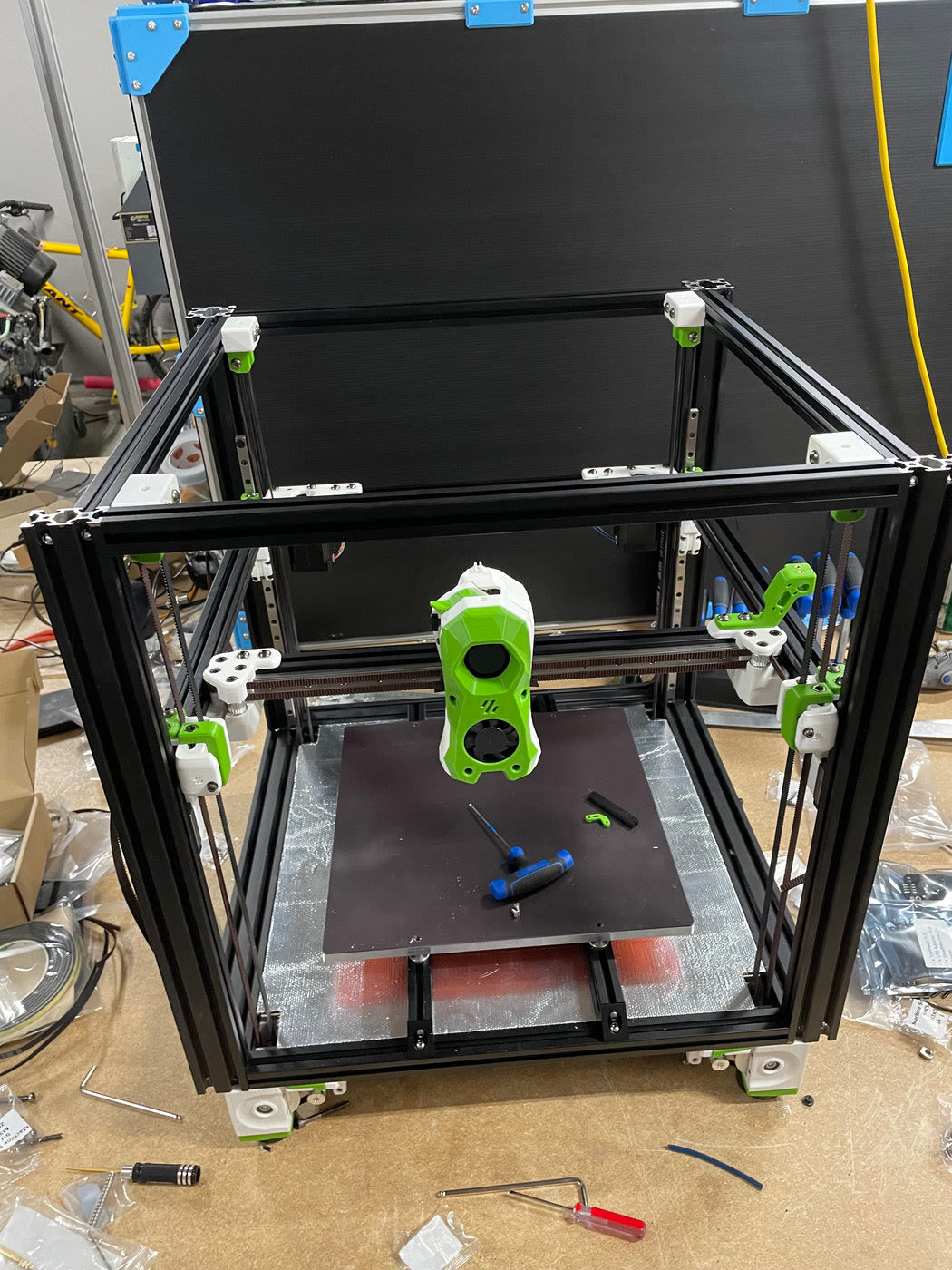Printer frame with green parts under construction
