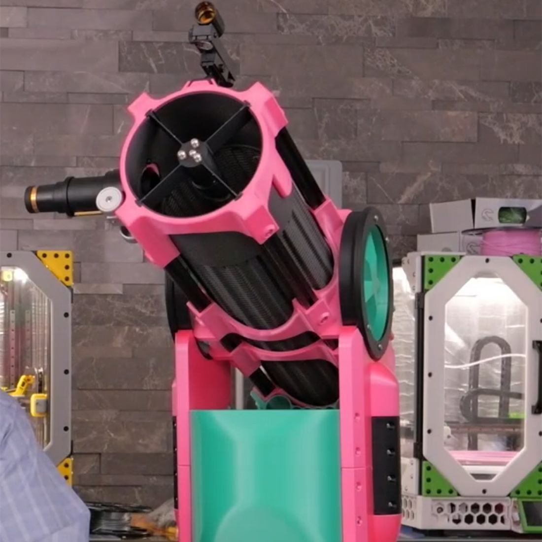 Skyward 150 Compact telescope kit – printed build in pink and teal, front view