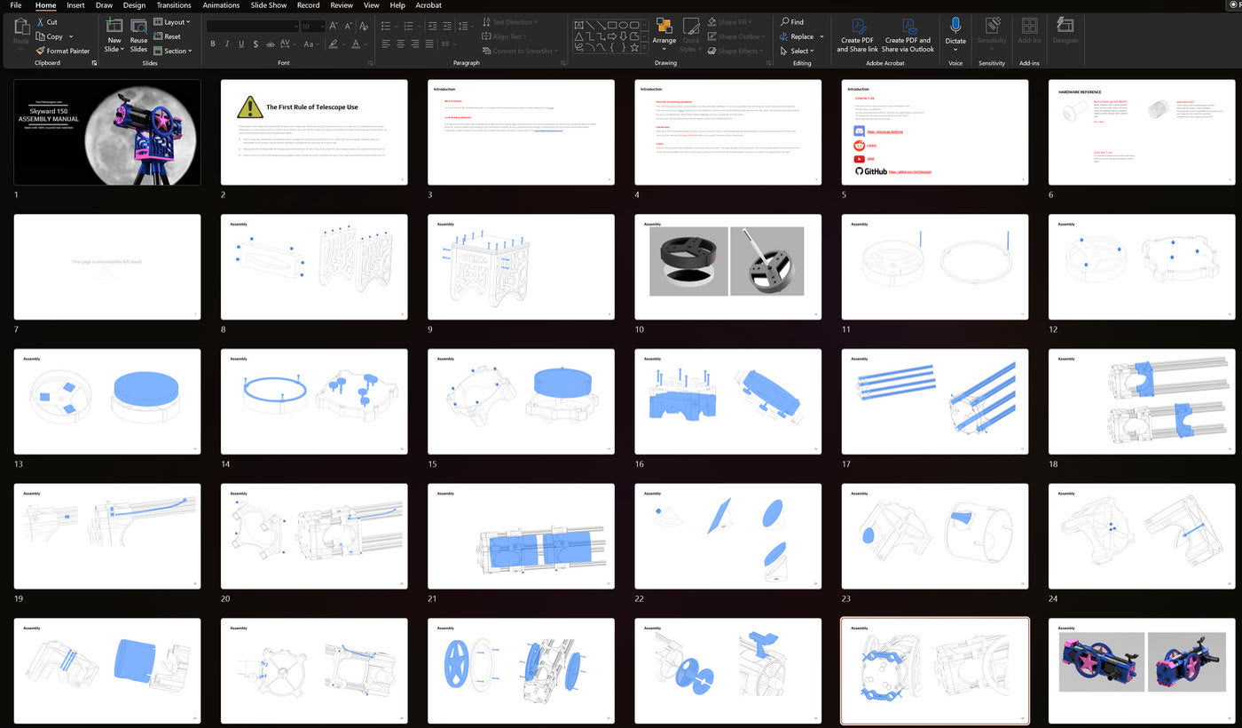 Overview of assembly manual pages with step-by-step illustrations