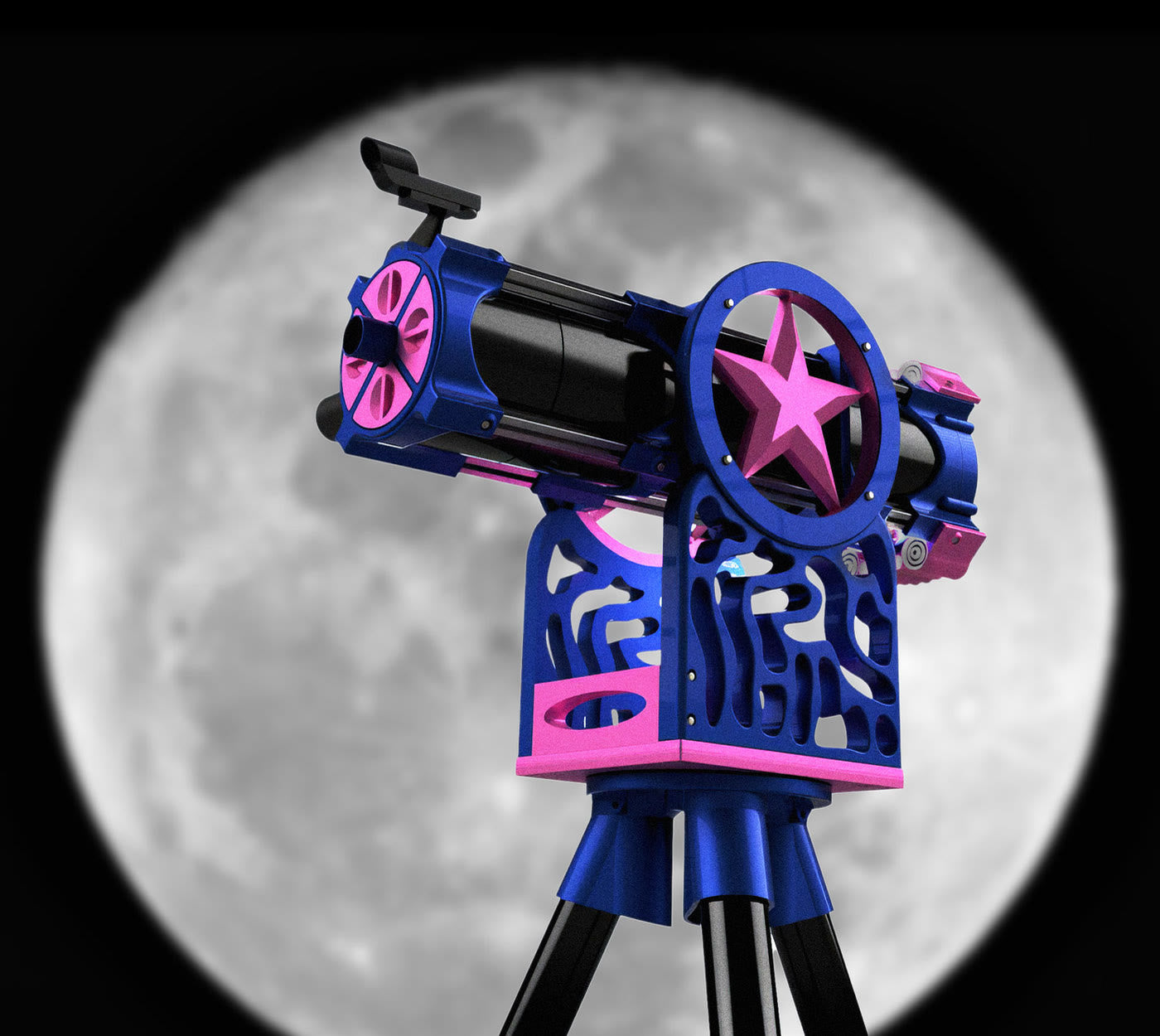 Render of a blue and pink Skyward telescope in front of the full Moon