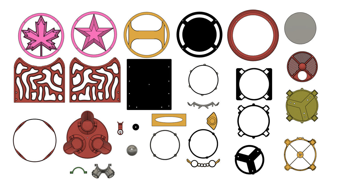 Layout of Skyward printed parts including star and maple leaf bearing cores