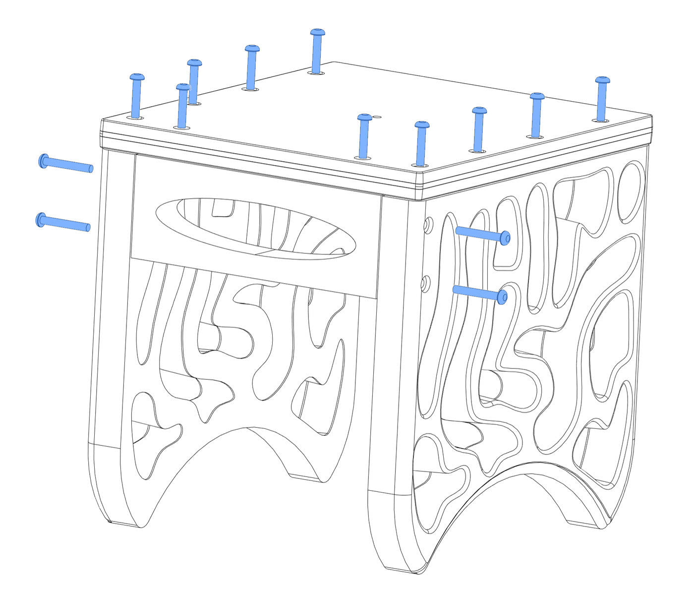 Assembly manual illustration of the rocker box with fastener locations